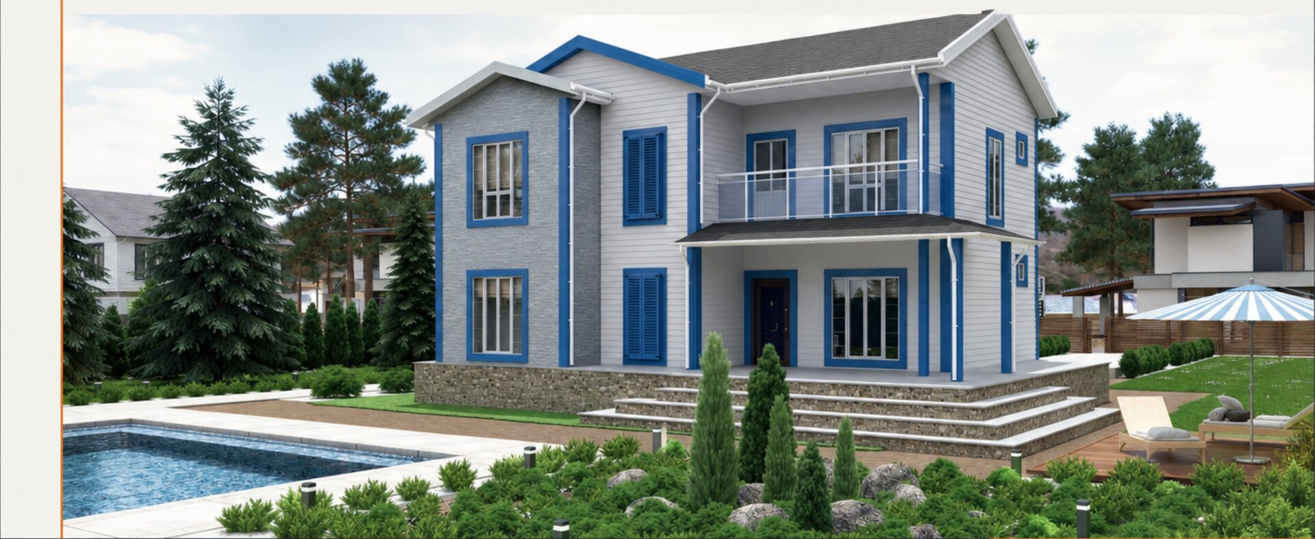 BR Yapı Prefabrik iki katlı modern villa modeli, bahçe ve havuzlu yaşam alanı