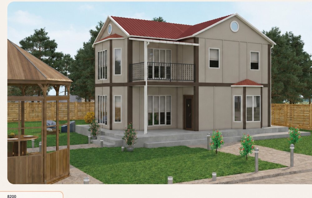131 m² iki katlı balkonlu prefabrik konut modeli